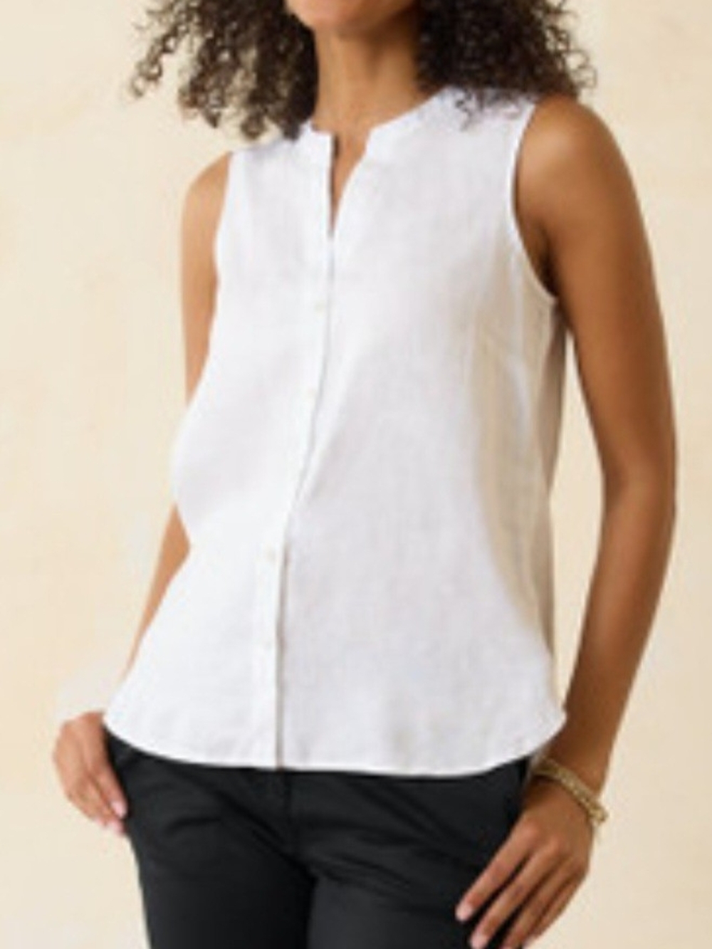 Linen Coastal, Beachy, Flowy, Summer Sleeveless White Button-Front Shell